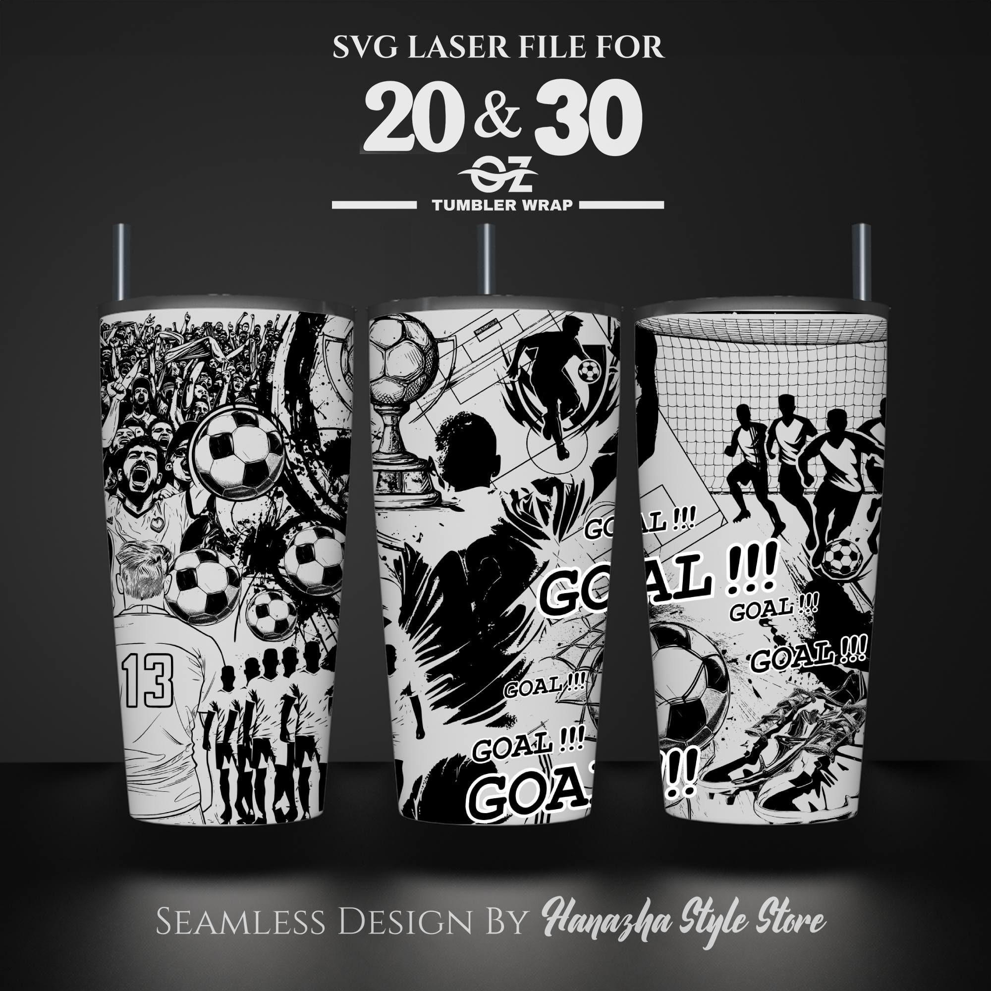 Soccer Laser Engraved Full Wrap Design For 20 and 30 oz Tumbler, Football SVG Laser File, Tumbler Wrap For Laser Rotary Machine, Seamless