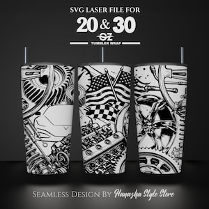 May include: Black and white graphic design featuring a seamless pattern of car parts, gears, and an American flag. The design is for a 20 or 30 ounce tumbler wrap. The text "SVG LASER FILE FOR 20 & 30 oz TUMBLER WRAP" is at the top of the image. The text "SEAMLESS DESIGN BY Hanazha Style Store" is at the bottom of the image.