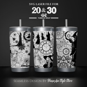May include: Three stainless steel tumblers with a black and white design featuring witches, clocks, and other mystical elements. The tumblers are for 20 and 30 ounces. The text "SVG Laser File for 20 & 30 oz Tumbler Wrap" is at the top of the image. The text "Seamless Design by Hanazha Style Store" is at the bottom of the image.