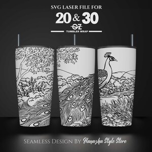 May include: Black and white line art design of a peacock with its tail feathers spread out. The design is for a 20 or 30 ounce tumbler wrap. The text "SVG LASER FILE FOR 20 & 30 oz TUMBLER WRAP" is at the top of the image. The text "SEAMLESS DESIGN BY Hanazha Style Store" is at the bottom of the image.