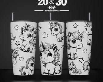 Può includere: Design a motivi senza cuciture in bianco e nero con simpatici unicorni dei cartoni animati con stelle e cuori. File SVG laser per involucri per bicchieri da 20 e 30 once.