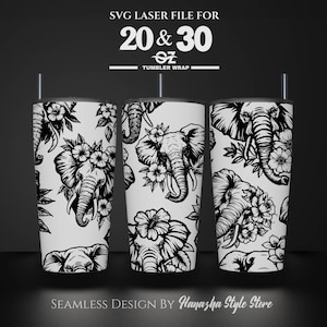May include: Black and white seamless pattern design featuring elephants and flowers. This design is for a 20 oz or 30 oz tumbler wrap. SVG laser file for tumbler wrap.
