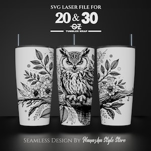 Owl on a Branch Laser Engraved Full Wrap Design For 20 and 30 oz Tumbler, Owl SVG Laser File, Tumbler Wrap For Laser Rotary Machine