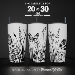 Flower and Butterfly Laser Engraved Full Wrap Design For 20 and 30 oz Tumbler, Flower SVG Laser File, Tumbler Wrap For Laser Rotary Machine