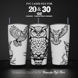 Owl Laser Engraved Full Wrap Design For 20 and 30 oz Tumbler, Owl SVG Laser File, Tumbler Wrap For Laser Rotary Machine