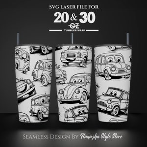 May include: Black and white seamless design featuring cartoon cars with smiling faces. This design is for a 20 or 30 ounce tumbler wrap. SVG Laser File for 20 & 30 oz Tumbler Wrap. Seamless Design by Hanazha Style Store.