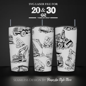 May include: A black and white seamless design featuring various construction vehicles, including excavators, dumper trucks, and cranes. The design is intended for use as a 20 or 30 ounce tumbler wrap.