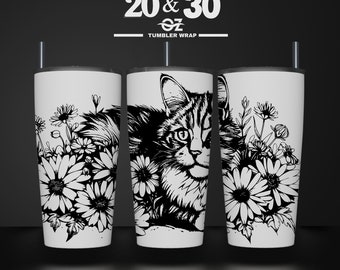 Puede incluir: Un diseño en blanco y negro con un gato asomándose detrás de un grupo de flores. Este diseño es para una envoltura de vaso de 20 o 30 onzas. El texto "SVG Laser File for 20 & 30 oz Tumbler Wrap" está en la parte superior de la imagen. El texto "Seamless Design by Hanazha Style Store" está en la parte inferior de la imagen.