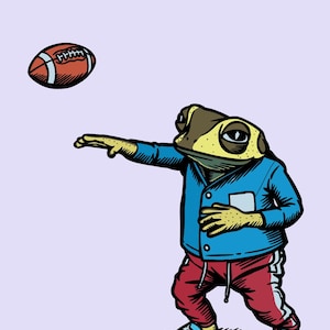 Può includere: Illustrazione di una rana con giacca blu e pantaloni rossi che lancia un pallone da football americano marrone e bianco. La rana indossa scarpe blu e ha la testa gialla e marrone. Lo sfondo è di colore lilla chiaro.