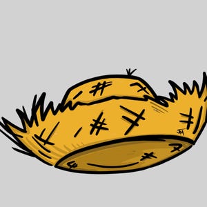 May include: A cartoon illustration of a yellow straw hat with black outlines and cross-stitch details. The hat has a wide brim and a slightly curved shape, with a light gray background.