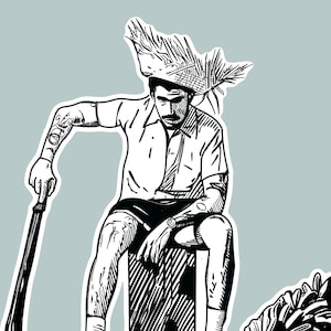 Pode incluir: Ilustração a preto e branco de uma pessoa sentada numa caixa, usando calções, uma camisa de manga curta e um chapéu de palha. A pessoa segura um facão. Um relógio é visível no pulso. O fundo é azul claro.