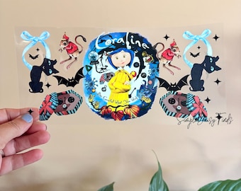 Uv dtf cup wrap halloween coraline cup wrap, halloween movies uvdtf wrap for cups, uv dtf ready to ship stickers, uvdtf halloween stickers