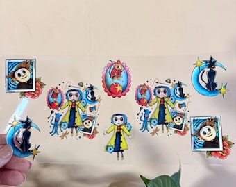 Uv dtf cup wrap halloween coraline, uvdtf stickers, ships fast