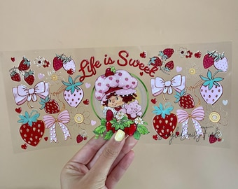 Uv dtf strawberry shortcake cup wrap, uvdtf cup and tumbler stickers, ships fast