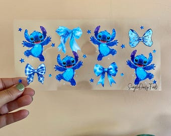 Uvdtf stitch cup wrap, uvdtf wraps for libbey cups, can glass cup wraps, uv dtf stickers, uv dtf decals, blue alien cup wrap, uvdtf stickers