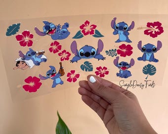 Uvdtf stitch cup wrap, uvdtf wraps for libbey cups, can glass cup wraps, uv dtf stickers, uv dtf decals, blue alien cup wrap, uvdtf stickers