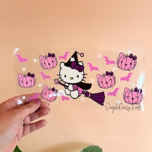 uvdtf halloween kitty cup wrap, ready to ship physical wrap, 16 oz can glass stickers, kitty cup wrap uvdtf, stickers for tumblers and cups