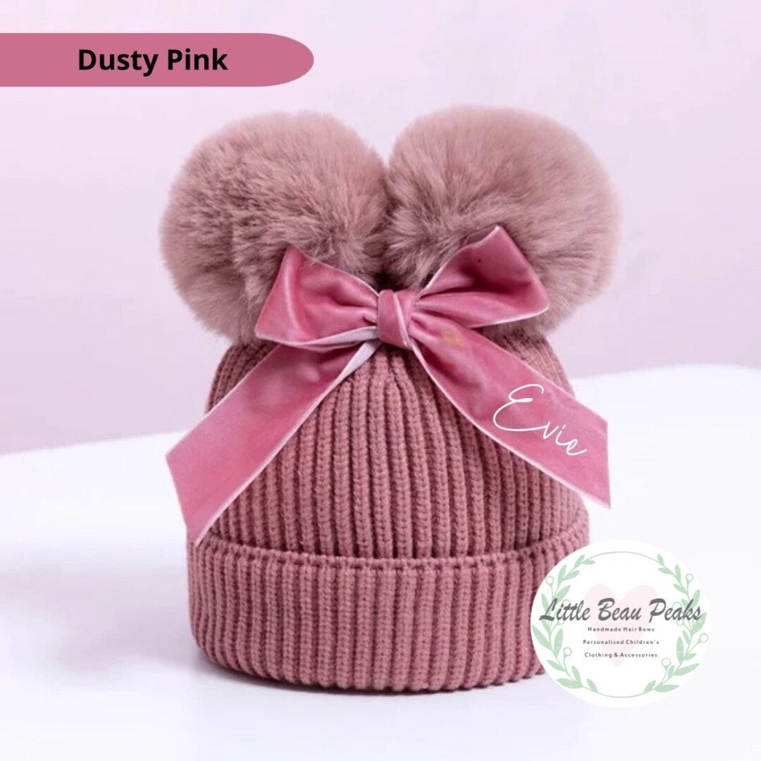 Personalised Double Pom Pom Hat, Baby Winter Hat, Toddler Hat, Girls