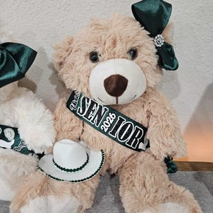 May include: A soft teddy bear with a light brown body, wearing a green sash that reads "SENIOR 2026". The bear has a matching green bow and a small white hat with green trim. The bear is sitting on a grey surface.