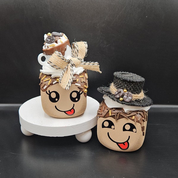 Coffee marshmallow buddy | Mini Boy & Girl Marshmallow friends | Coffee tiered tray decor | Cute Coffee decor | Marshmallow Coffee cuties