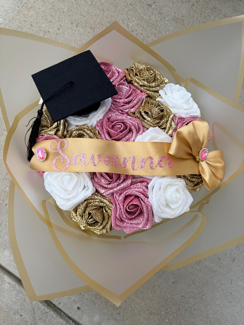 Graduation Sparkly Roses Gold Pink Glitter Rose Bouquet | Birthday Glitter Rose Bouquet ...