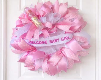 Welcome Baby Girl Wreath, Pink Polka Dot Ribbon, Front Door Decor