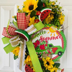 Hello Summer Watermelon grapevine Wreath with Sunflowers and Gingham Bow | Summer Front Door Decor | Grapevine Wreath for Porch or Pati