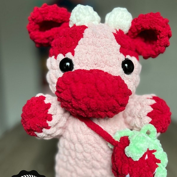 Strawberry Cow with Fruit Anxiety Relief Red Pink Strawberry Purse Bag Stress Plushie Friend Cow Pet crochet animals Custom Name Tag