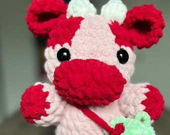 Strawberry Cow with Fruit Anxiety Relief Red Pink Strawberry Purse Bag Stress Plushie Friend Cow Pet crochet animals Custom Name Tag