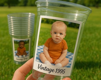 Personalized Photo Party Cups, Custom Text, Vintage Style (16oz)