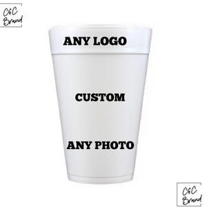 May include: White foam cup with the text "ANY LOGO" at the top, "CUSTOM" in the middle, and "ANY PHOTO" at the bottom.