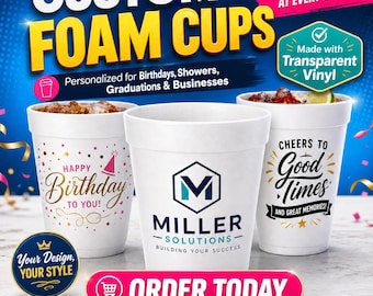 Custom Photo Styrofoam Party Cups, Personalized Birthday Cups
