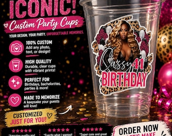 Personalized Leopard Print Birthday Party Cups | Custom Name, Clear Plastic