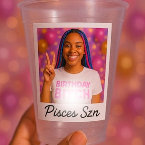 Custom Face Photo Cups 16oz – Personalized Plastic Party Cups with Picture, Text, Est Year – Birthday Favors, Event Supplies, Zodiac Decor