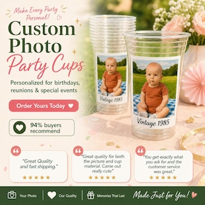 Custom Photo Cups 16oz Personalized Plastic Cups with Text for Parties Events Birthday Supplies Decorations Vintage Est Year Face Pic