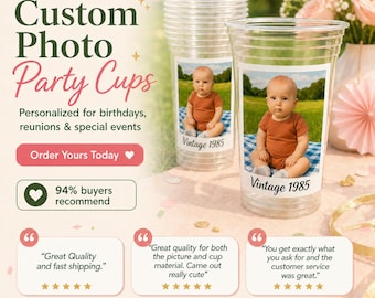 Custom Photo Cups 16oz Personalized Plastic Cups with Text for Parties Events Birthday Supplies Decorations Vintage Est Year Face Pic