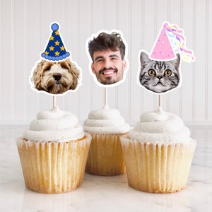 Custom face Photo cupcake toppers, first birthday, 21st,30th,50th, bachelorette, dog decorations, Personalized Photo pet cupcake toppers