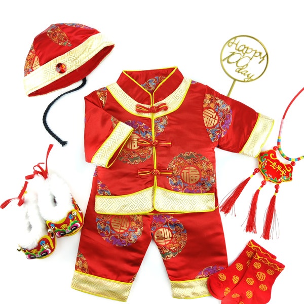 Premium Chinese Baby Tang Suit (0-6m) w/ Tiger Shoes and Accessories, for Chinese New Year and 100 Days