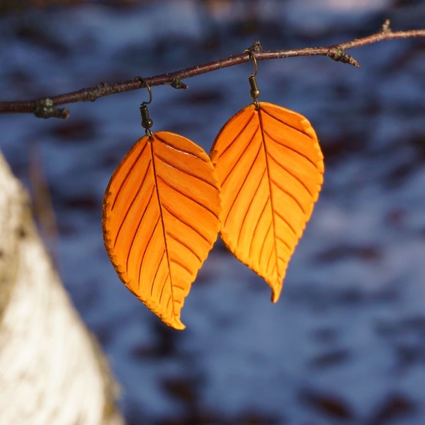 Autumn Birch Leaf Earrings ~ Hand-tooled & Painted Leather