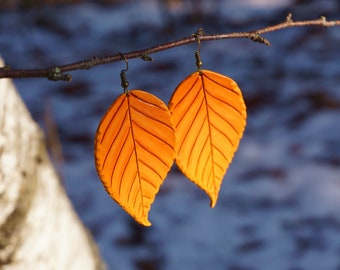 Autumn Birch Leaf Earrings ~ Hand-tooled & Painted Leather