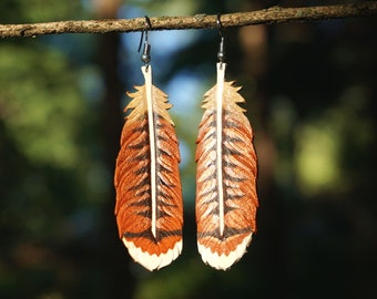 Red-tailed Hawk Feather Earrings ~ Painted & Tooled Leather Earrings