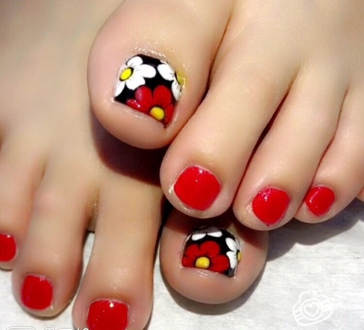 Red Toenail Wraps, Floral Toenail Wraps, Floral Nail Designs, Yellow ...