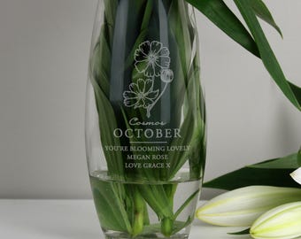 Personalised October Birth Flower Design Glass Bullet Vase - Mother's Day, Birthday Gift