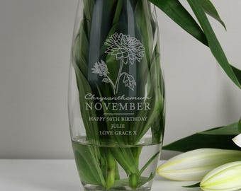 Personalised November Birth Flower Design Glass Bullet Vase - Mother's Day, Birthday Gift