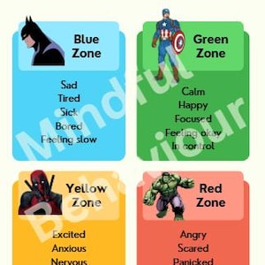 May include: A colorful infographic titled "What zone are you in today?" features superhero illustrations and color-coded zones: Blue (sad), Green (calm), Yellow (excited), and Red (angry). Each zone lists associated feelings.