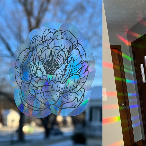 Sun Catcher Peony Sticker, Rainbow Maker Window Sticker, Prismatic Window Decal, Peony Flower Sticker, House Warming Gift