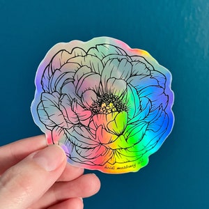 Holographic Peony Sticker, Vinyl Floral Sticker, Waterproof Sticker, Flora Sticker, Plant Lover Gift