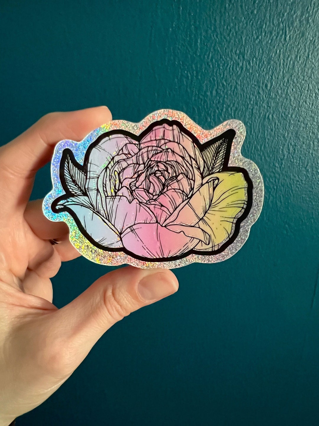 Holographic Glitter Rose Sticker, Vinyl Floral Sticker, Waterproof ...