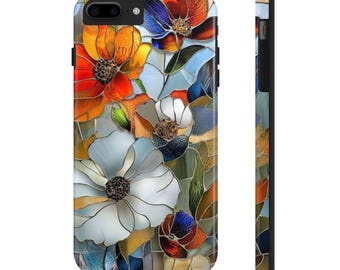 May include: A phone case featuring a stained-glass floral design. The case displays colorful flowers in shades of orange, red, blue, and white, with green leaves and a light blue background. The case is shown from the front and side.