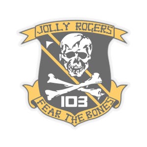 May include: A grey and yellow sticker featuring a skull and crossbones, the text "Jolly Rogers", and the number "103". The text "Fear the Bones" is written on a yellow banner.